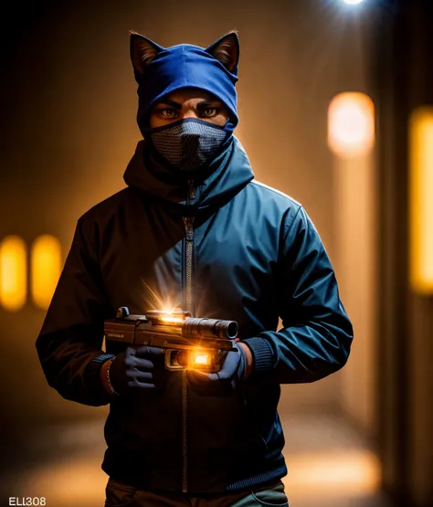 a cat, ((bank robber)),wearing a balaclava, holding a gun, epic scene, dynamic camera, backlight, high quality photography, 3 point lighting, flash with softbox, 4k, Canon EOS R3, hdr, smooth, sharp focus, high resolution, award winning photo, 80mm, f2.8, bokeh