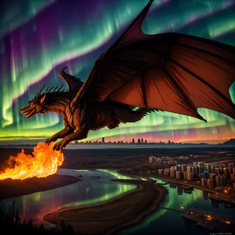 An black dragon, flying over spitting fire, (epic post apocalyptic destroyes city overgrown ruins), detailed background, red eyes, close-up, amazing fine detail, RAW photo, Nikon D850 film stock photograph Kodak Portra 400 camera f1.6 lens, rich colors, lifelike texture, dramatic lighting, unreal engine, trending on ArtStation, cinestill 800 tungsten, ((new dawn on horizon)), (aurora borealis)