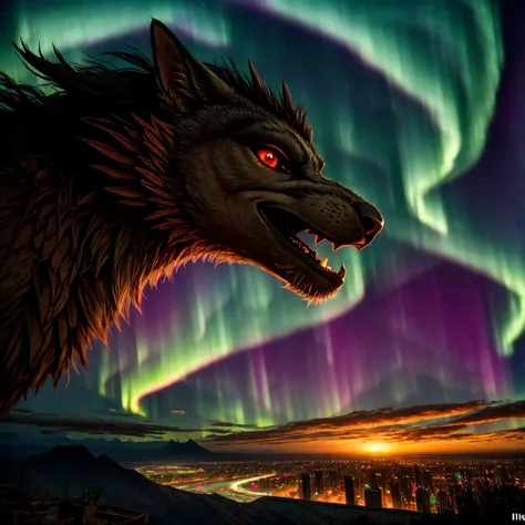 An black dragon, flying over spitting fire, (epic post apocalyptic destroyes city overgrown ruins), detailed background,  red eyes, close-up, amazing fine detail, RAW photo, Nikon D850 film stock photograph Kodak Portra 400 camera f1.6 lens, rich colors, lifelike texture, dramatic lighting, unreal engine, trending on ArtStation, cinestill 800 tungsten, ((new dawn on horizon)), (aurora borealis)
