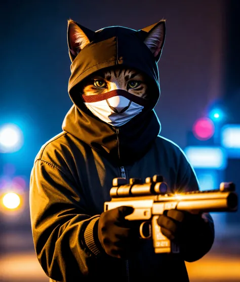 a  cat, ((bank robber)),wearing a balaclava, holding a gun, epic scene, dynamic camera, backlight, high quality photography, 3 point lighting, flash with softbox, 4k, Canon EOS R3, hdr, smooth, sharp focus, high resolution, award winning photo, 80mm, f2.8, bokeh
