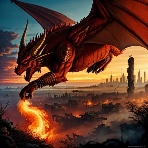An red dragon, flying over spitting fire, (epic post apocalyptic destroyes city overgrown ruins), detailed background,  red eyes, close-up, amazing fine detail, RAW photo, Nikon D850 film stock photograph Kodak Portra 400 camera f1.6 lens, rich colors, lifelike texture, dramatic lighting, unreal engine, trending on ArtStation, cinestill 800 tungsten, ((new dawn on horizon))