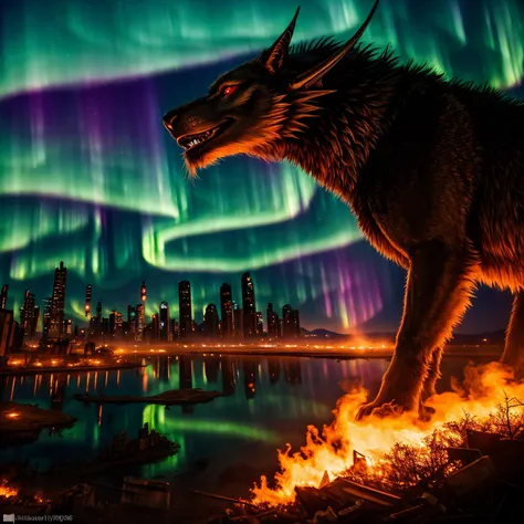 An black dragon, flying over spitting fire, (epic post apocalyptic destroyes city overgrown ruins), detailed background, red eyes, close-up, amazing fine detail, RAW photo, Nikon D850 film stock photograph Kodak Portra 400 camera f1.6 lens, rich colors, lifelike texture, dramatic lighting, unreal engine, trending on ArtStation, cinestill 800 tungsten, ((new dawn on horizon)), (aurora borealis)