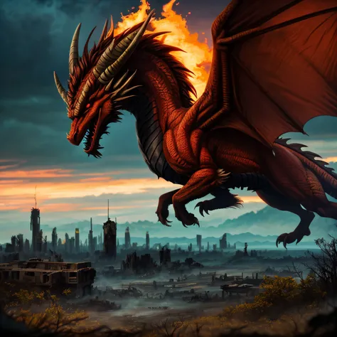 An red dragon, flying over spitting fire, (epic post apocalyptic destroyes city overgrown ruins), detailed background, red eyes, close-up, amazing fine detail, RAW photo, Nikon D850 film stock photograph Kodak Portra 400 camera f1.6 lens, rich colors, lifelike texture, dramatic lighting, unreal engine, trending on ArtStation, cinestill 800 tungsten, ((new dawn on horizon))