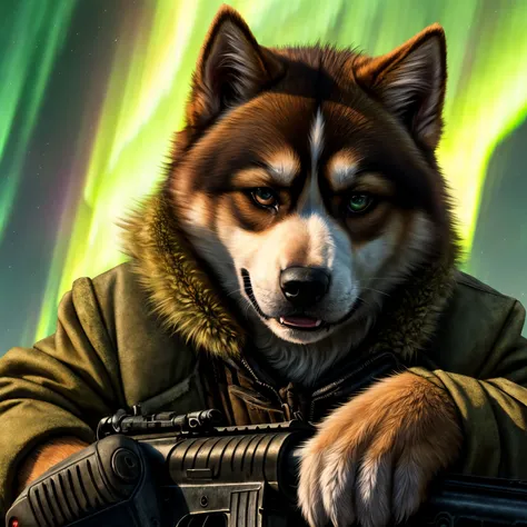 (Highest Quality, 4k, masterpiece:1.1), (realism, photorealistic:1.4), ray traced, hyper realism, soft lighting, detailed background, film grain, (detailed fur texture:1.3),
BREAK
(anthro female Akita Ken), ((wearing post apocalyptic outfit:1.2)), inside a destroyed city after nuclear blast, sitting on a ammonition chest,looking down from a hill, holding a gun, looking angry, visible fangs  (perfect anatomy),((paws)), (aurora borealis), (close up:1.3)