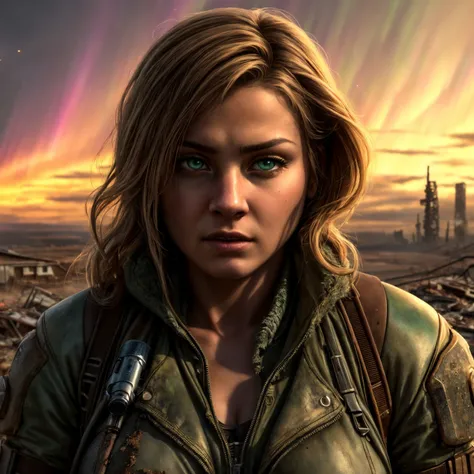 (Highest Quality, 4k, masterpiece:1.1), (realism, photorealistic:1.4), ray traced, hyper realism, soft lighting, detailed background, film grain
BREAK
(beutiful woman), ((wearing post apocalyptic outfit:1.2)), medium breast inside a destroyed city after nuclear blast, sitting on a ammonition chest,looking down from a hill, holding a gun, looking angry, (perfect anatomy), (aurora borealis), (close up:1.3)