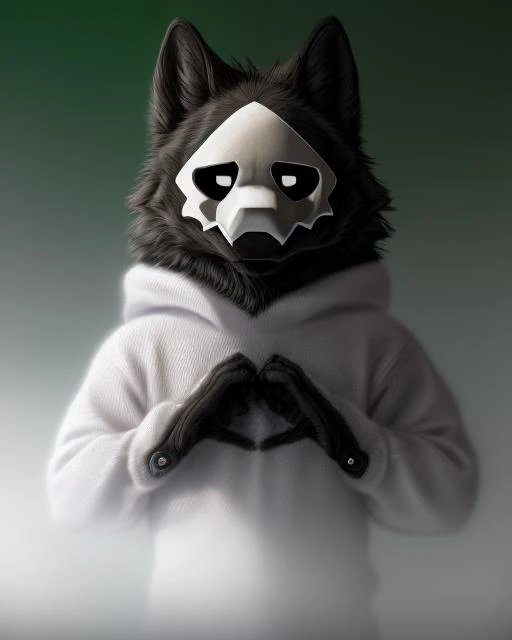 (Highest Quality, 4k, masterpiece, Amazing Details:1.1), <lora:puro-v1:1>, portrait of anthro ((puro)), wolf ears, ((long fluffy wolf tail)), black body, black fur, black sclera, white eyes, white mask, skull mask, ((black wolf paws)), thin, femboy, standing, ((wearing a white sweater)), (<3), indoors, inside, ((green screen)), (((solo))), looking at viewer, cinematic lighting, ((detailed fur texture)), (highly detailed, realistic proportions, high detailed, 4k hdr), hyper realistic, ((photorealistic)), ((full body)),  Shallow Depth of Field, E671, lens 50mm f/2.0,