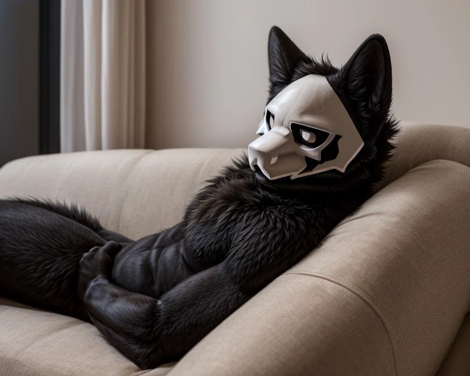 (Highest Quality, 4k, masterpiece, Amazing Details:1.1), <lora:puro-v1:1>, portrait of anthro ((puro)), wolf ears, wolf tail, black body, black sclera, white eyes, white mask, skull mask, thin, femboy, laying on a couch, laying on back, indoors, inside, living room, warm lights, (((solo))), looking at viewer, nighttime, cinematic lighting, ((detailed fur texture)), (highly detailed, realistic proportions, high detailed, 4k hdr), hyper realistic, ((photorealistic)), ((full body)), Shallow Depth of Field, E671, lens 50mm f/2.0,