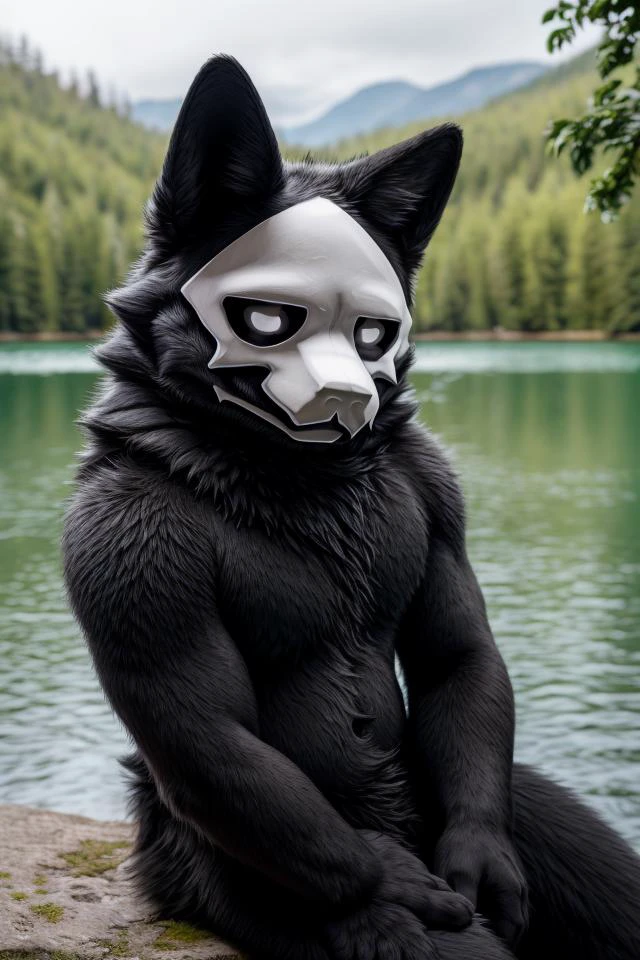 (Highest Quality, 4k, masterpiece, Amazing Details:1.1), <lora:puro-v1:1>, portrait of anthro ((puro)), wolf ears, wolf tail, black body, black sclera, white eyes, white mask, skull mask, sitting near a lake, (solo), daytime, cinematic lighting, ((detailed fur texture)), (highly detailed, realistic proportions, high detailed, 4k hdr), hyper realistic, ((photorealistic)), ((full body)), Shallow Depth of Field, E671, lens 50mm f/2.0,