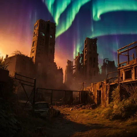 destroyed gate, (epic post apocalyptic destroyes city overgrown ruins), detailed background, red eyes, close-up, amazing fine detail, RAW photo, Nikon D850 film stock photograph Kodak Portra 400 camera f1.6 lens, rich colors, lifelike texture, dramatic lighting, unreal engine, trending on ArtStation, cinestill 800 tungsten, ((new dawn on horizon)), (aurora borealis), ((new dawn text))