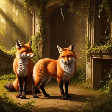 (Highest Quality, 4k, masterpiece:1.1), (lineart style:1.4), soft lighting, detailed background, film grain, (detailed fox fur texture:1.3),
BREAK
(2 feral fox playing together), ( in nature) (overgrown ruins)