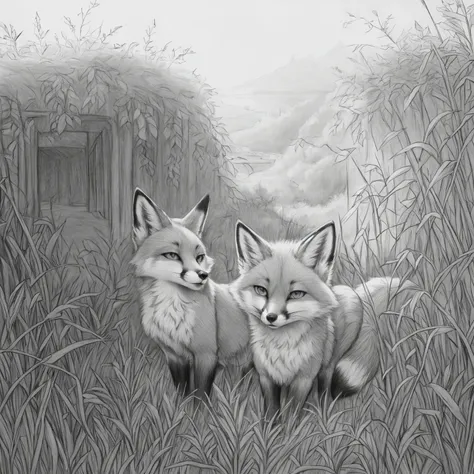 (Highest Quality, 4k, masterpiece:1.1), (lineart:1.6), ((pencil drawing)), ((b&w)), soft lighting, detailed background, film grain, (detailed fox fur texture:1.3),
BREAK
(2 feral fox playing together), ( in nature) (overgrown ruins)