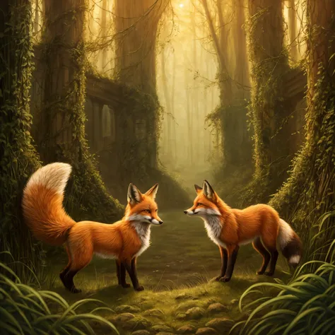 (Highest Quality, 4k, masterpiece:1.1), (lineart style:1.4), soft lighting, detailed background, film grain, (detailed fox fur texture:1.3),
BREAK
(2 feral fox playing together), ( in nature) (overgrown ruins)