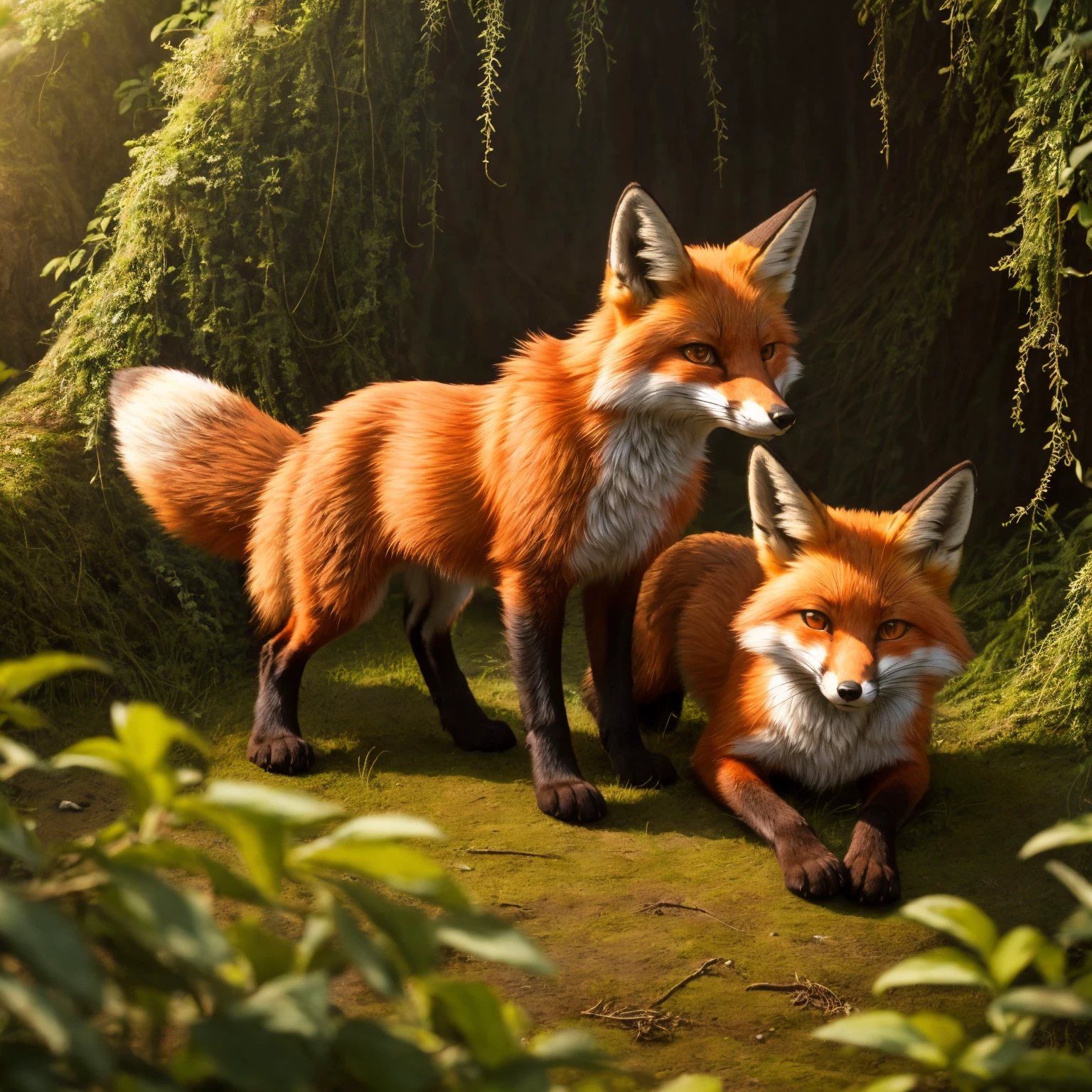 (Highest Quality, 4k, masterpiece:1.1), (lineart style:1.4), soft lighting, detailed background, film grain, (detailed fox fur texture:1.3),
BREAK
(2 feral fox playing together), ( in nature) (overgrown ruins)