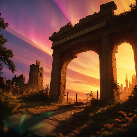 destroyed gate, (epic post apocalyptic destroyes city overgrown ruins), detailed background, red eyes, close-up, amazing fine detail, RAW photo, Nikon D850 film stock photograph Kodak Portra 400 camera f1.6 lens, rich colors, lifelike texture, dramatic lighting, unreal engine, trending on ArtStation, cinestill 800 tungsten, ((new dawn on horizon)), (aurora borealis), ((new dawn text))