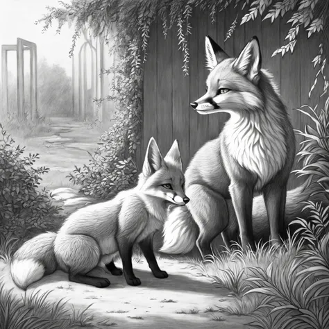 (Highest Quality, 4k, masterpiece:1.1), (lineart:1.6), ((pencil drawing)), ((b&w)), soft lighting, detailed background, film grain, (detailed fox fur texture:1.3),
BREAK
(2 feral fox playing together), ( in nature) (overgrown ruins)