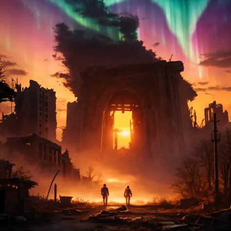 A man and woman standing in front of a building with aurora lights ...