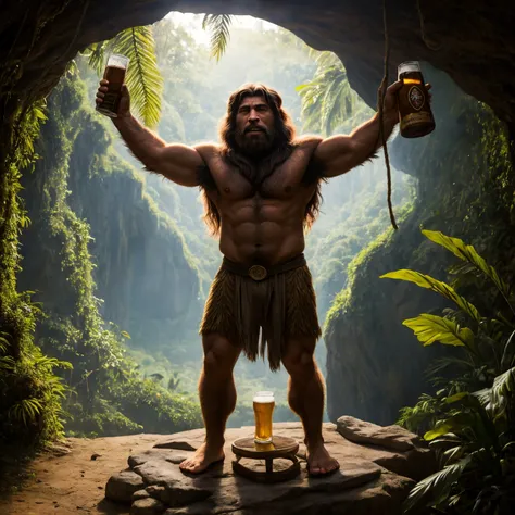(Highest Quality, 4k, masterpiece:1.1), (realism, photorealistic:1.4), ray traced, hyper realism, soft lighting, detailed background, film grain,
BREAK
cave man wearing primitive cave man clothes discover beer for the first time,holding the beer in the air, jungle background, epic scene, ritual