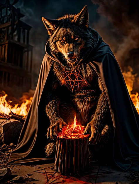 werewolf female , wearing (dark closed satanic cloak satanic trausers , pentagram necklance) , (sitting on ground), performing a ((dark sacrifice ritual)), hyper real, photo shoot, photography, highly detailed fur, fluffy fur, fur detail, realism, ray traced, global illumination, subsurface scattering, perfect lighting, detailed post destroyed apocalyptic city background, looking at viewer, atomic blast, flames, blood, horror smoke<lora:add_detail:1>