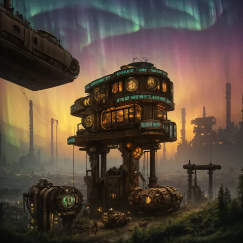(((robot house:1.2))), (epic post apocalyptic destroyes city overgrown ruins), detailed background, amazing fine detail, RAW photo, Nikon D850 film stock photograph Kodak Portra 400 camera f1.6 lens, rich colors, lifelike texture, dramatic lighting, unreal engine, trending on ArtStation, cinestill 800 tungsten, ((new dawn on horizon)), (aurora borealis), ((dieselpunk:1.3)), ((on wheels))