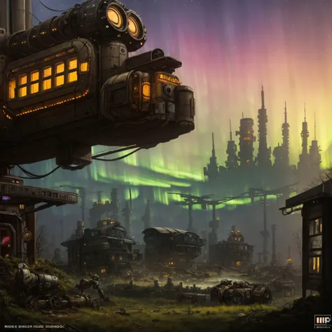 (((robot house:1.2))), (epic post apocalyptic destroyes city overgrown ruins), detailed background, amazing fine detail, RAW photo, Nikon D850 film stock photograph Kodak Portra 400 camera f1.6 lens, rich colors, lifelike texture, dramatic lighting, unreal engine, trending on ArtStation, cinestill 800 tungsten, ((new dawn on horizon)), (aurora borealis), ((dieselpunk:1.3)), ((on wheels))