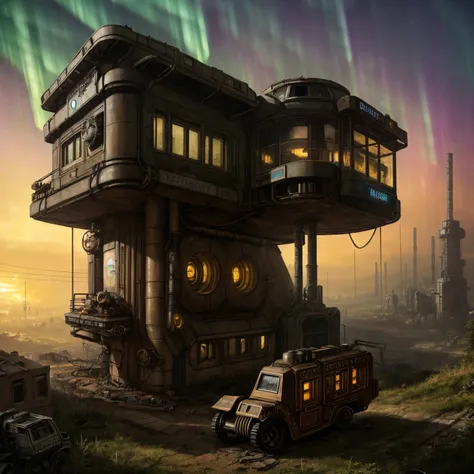 (((robot house:1.2))), (epic post apocalyptic destroyes city overgrown ruins), detailed background, amazing fine detail, RAW photo, Nikon D850 film stock photograph Kodak Portra 400 camera f1.6 lens, rich colors, lifelike texture, dramatic lighting, unreal engine, trending on ArtStation, cinestill 800 tungsten, ((new dawn on horizon)), (aurora borealis), ((dieselpunk:1.3)), ((on wheels))