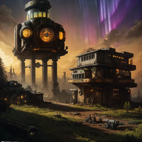 (((robot house:1.2))), (epic post apocalyptic destroyes city overgrown ruins), detailed background, amazing fine detail, RAW photo, Nikon D850 film stock photograph Kodak Portra 400 camera f1.6 lens, rich colors, lifelike texture, dramatic lighting, unreal engine, trending on ArtStation, cinestill 800 tungsten, ((new dawn on horizon)), (aurora borealis), ((dieselpunk:1.3)), ((on wheels))