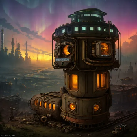 (((robot house:1.2))), (epic post apocalyptic destroyes city overgrown ruins), detailed background, amazing fine detail, RAW photo, Nikon D850 film stock photograph Kodak Portra 400 camera f1.6 lens, rich colors, lifelike texture, dramatic lighting, unreal engine, trending on ArtStation, cinestill 800 tungsten, ((new dawn on horizon)), (aurora borealis), ((dieselpunk:1.3)), ((on wheels))