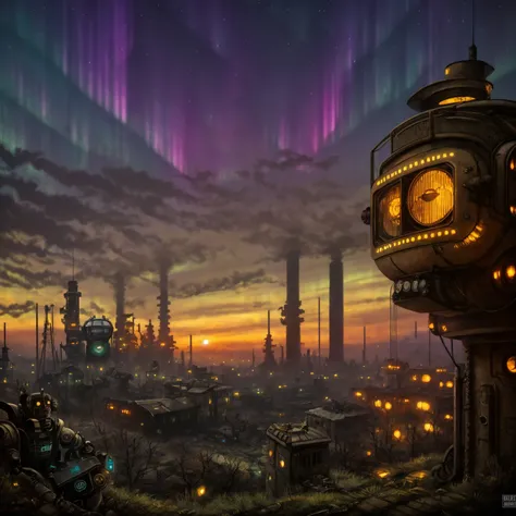 (((robot house:1.2))), (epic post apocalyptic destroyes city overgrown ruins), detailed background, amazing fine detail, RAW photo, Nikon D850 film stock photograph Kodak Portra 400 camera f1.6 lens, rich colors, lifelike texture, dramatic lighting, unreal engine, trending on ArtStation, cinestill 800 tungsten, ((new dawn on horizon)), (aurora borealis), ((dieselpunk:1.3)), ((on wheels))