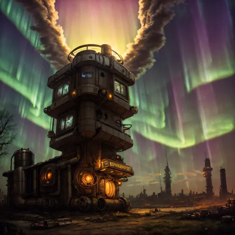 (((robot house:1.2))), (epic post apocalyptic destroyes city overgrown ruins), detailed background, amazing fine detail, RAW photo, Nikon D850 film stock photograph Kodak Portra 400 camera f1.6 lens, rich colors, lifelike texture, dramatic lighting, unreal engine, trending on ArtStation, cinestill 800 tungsten, ((new dawn on horizon)), (aurora borealis), ((dieselpunk:1.3)), ((on wheels))
