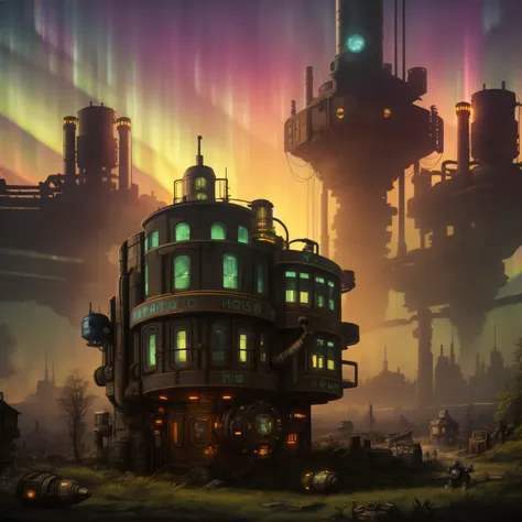 (((robot house:1.2))), (epic post apocalyptic destroyes city overgrown ruins), detailed background, amazing fine detail, RAW photo, Nikon D850 film stock photograph Kodak Portra 400 camera f1.6 lens, rich colors, lifelike texture, dramatic lighting, unreal engine, trending on ArtStation, cinestill 800 tungsten, ((new dawn on horizon)), (aurora borealis), ((dieselpunk:1.3))