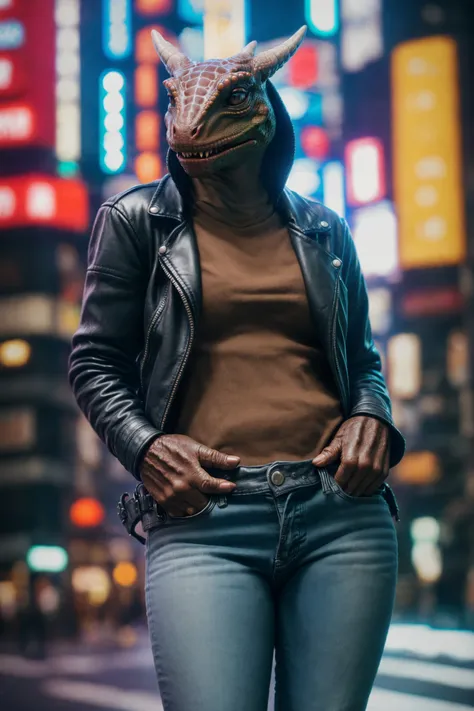 argonian, female, solo, markings, clothed, wearing leather jacket, jeans, paws, topwear, bottomwear, tokyo, street, akihabara, neon lights
BREAK,
by tojo the thief, by narse, by honovy, (intricate, high detail, film photography, soft focus, RAW candid cinema,
photorealism, realistic, photorealistic, analog style, subsurface scattering, ((closeup))
masterpiece, best quality, ultra realistic, 8k) <lora:ArgonianFRL27nO:0.8>