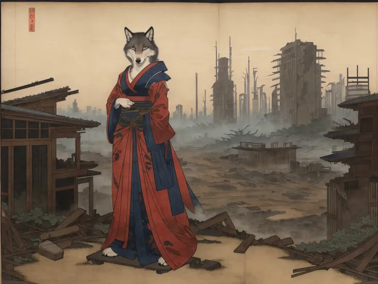 An (anthro wolf female), medium breast, (standing), (epic post apocalyptic destroyes city overgrown ruins), ((Ukiyo-e style))