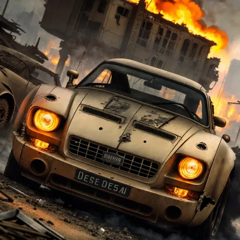 ((detailed dieselpunk  sports cars)), destroyed city after nuclear blast, post apocalyptic, warzone, fire , smoke
BREAK
(masterpiece, best quality, ultra realistic, 4k, 2k, (intricate, high detail:1.2), film photography, soft focus,
RAW photo, photorealistic, analog style, subsurface scattering, photorealism, absurd res), ((closeup))