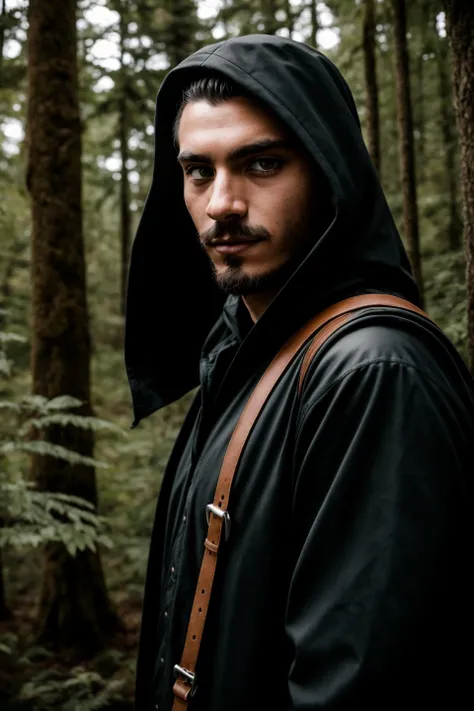 RAW photo, a portrait photo of black metal man, traveler clothes, standing in the forest, natural skin, 8k uhd, high quality, film grain, Fujifilm XT3