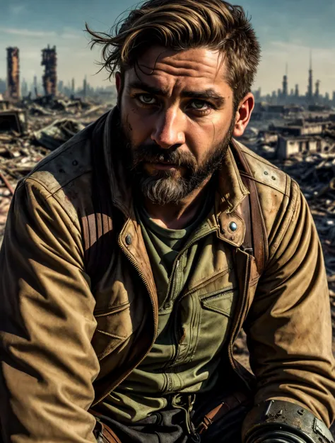 (post apocalyptic man) ,wearing post apocalyptic clothes ,(destroyed city after nuclear blast),warzone, (post apocalyptic), looking down a hill, spicked necklance, holding a gun, sitting on a dieselpunk car
BREAK
(masterpiece, best quality, ultra realistic, 4k, 2k, (intricate, high detail:1.2), film photography, soft focus,
RAW photo, photorealistic, analog style, subsurface scattering, photorealism, absurd res), ((closeup))