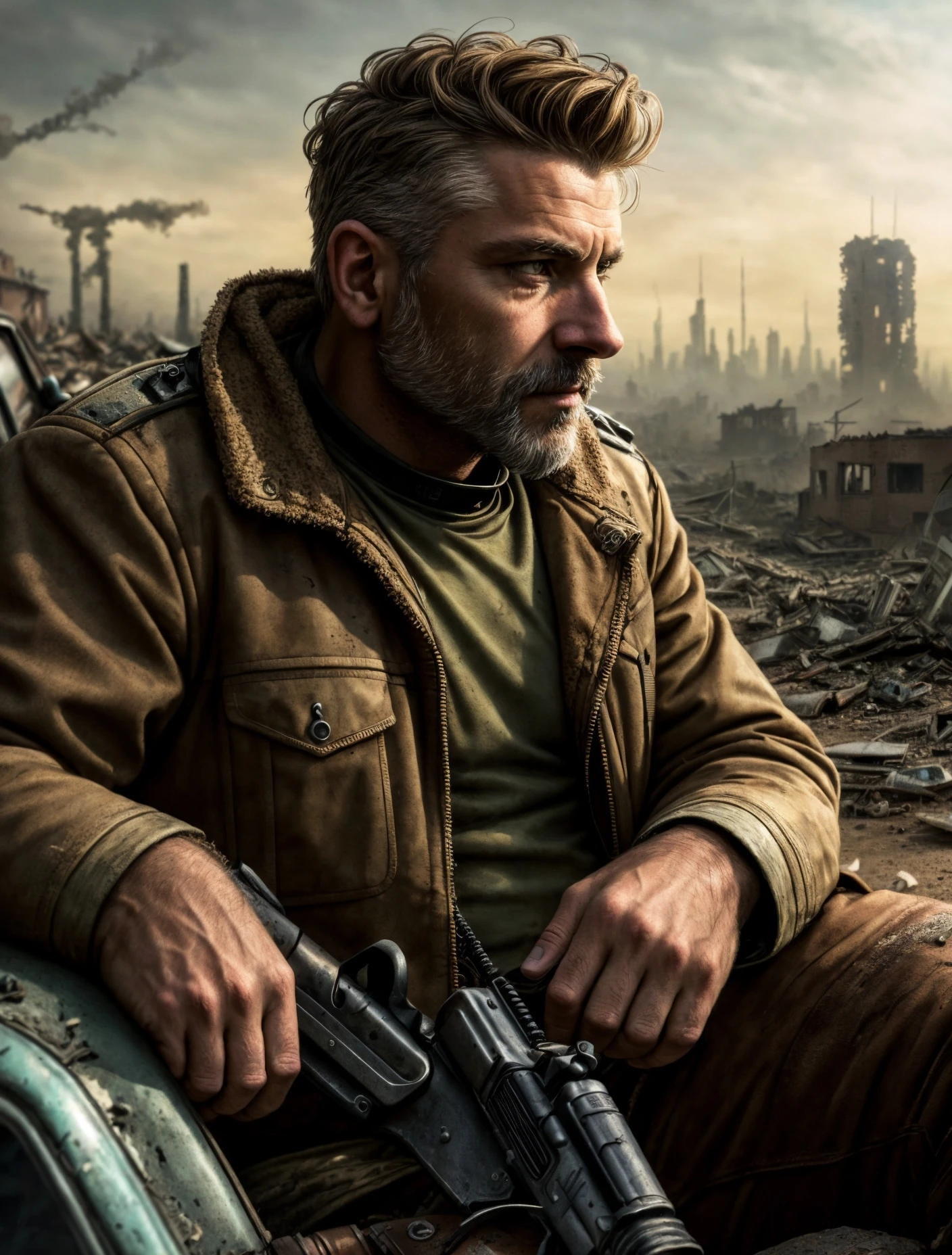 (post apocalyptic man) ,wearing post apocalyptic clothes ,(destroyed city after nuclear blast),warzone, (post apocalyptic), looking down a hill, spicked necklance, holding a gun, sitting on a dieselpunk car
BREAK
(masterpiece, best quality, ultra realistic, 4k, 2k, (intricate, high detail:1.2), film photography, soft focus,
RAW photo, photorealistic, analog style, subsurface scattering, photorealism, absurd res), ((closeup))