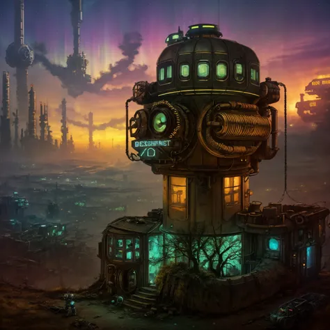 (((robot house:1.2))), (epic post apocalyptic destroyes city overgrown ruins), detailed background, amazing fine detail, RAW photo, Nikon D850 film stock photograph Kodak Portra 400 camera f1.6 lens, rich colors, lifelike texture, dramatic lighting, unreal engine, trending on ArtStation, cinestill 800 tungsten, ((new dawn on horizon)), (aurora borealis), ((dieselpunk:1.3))