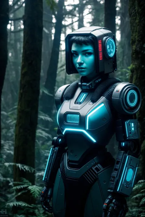 RAW photo, a portrait photo of cyberpunk robot, traveler clothes, standing in the forest, natural skin, 8k uhd, high quality, film grain, Fujifilm XT3