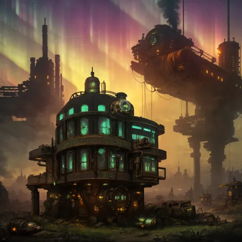 (((robot house:1.2))), (epic post apocalyptic destroyes city overgrown ruins), detailed background, amazing fine detail, RAW photo, Nikon D850 film stock photograph Kodak Portra 400 camera f1.6 lens, rich colors, lifelike texture, dramatic lighting, unreal engine, trending on ArtStation, cinestill 800 tungsten, ((new dawn on horizon)), (aurora borealis), ((dieselpunk:1.3))