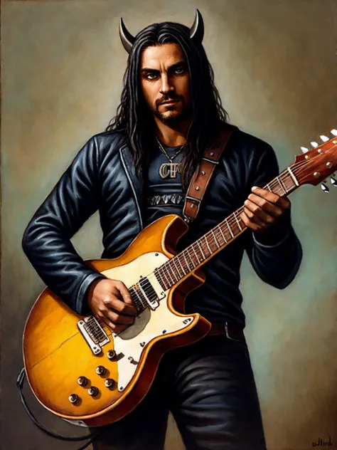black metal man,guitar,spikes, portrait, (oil painting)