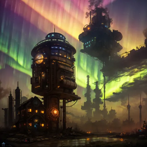 (((robot house:1.2))), (epic post apocalyptic destroyes city overgrown ruins), detailed background, amazing fine detail, RAW photo, Nikon D850 film stock photograph Kodak Portra 400 camera f1.6 lens, rich colors, lifelike texture, dramatic lighting, unreal engine, trending on ArtStation, cinestill 800 tungsten, ((new dawn on horizon)), (aurora borealis), ((dieselpunk:1.3))