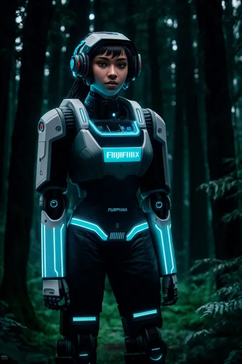 RAW photo, a portrait photo of cyberpunk robot, traveler clothes, standing in the forest, natural skin, 8k uhd, high quality, film grain, Fujifilm XT3