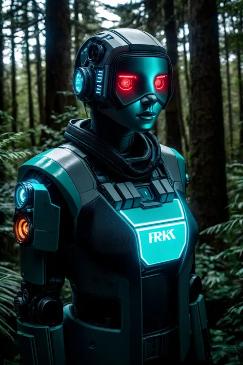 RAW photo, a portrait photo of cyberpunk robot, traveler clothes, standing in the forest, natural skin, 8k uhd, high quality, film grain, Fujifilm XT3