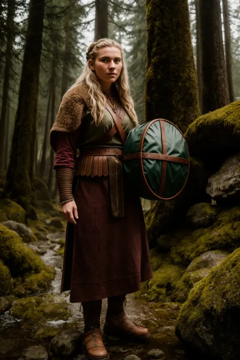 RAW photo, a portrait photo of viking woman, traveler clothes, standing in the forest, 8k uhd, high quality, film grain, Fujifilm XT3
