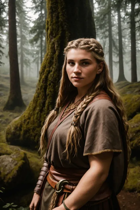 RAW photo, a portrait photo of viking woman, traveler clothes, standing in the forest, 8k uhd, high quality, film grain, Fujifilm XT3