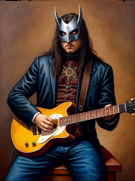 black metal man,guitar,spikes, portrait, (oil painting)
