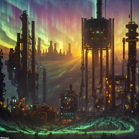 (((giant pixel:1.5)), (epic post apocalyptic destroyes city overgrown ruins), detailed background, amazing fine detail, RAW photo, Nikon D850 film stock photograph Kodak Portra 400 camera f1.6 lens, rich colors, lifelike texture, dramatic lighting, unreal engine, trending on ArtStation, cinestill 800 tungsten, ((new dawn on horizon)), (aurora borealis), ((dieselpunk:1.2))