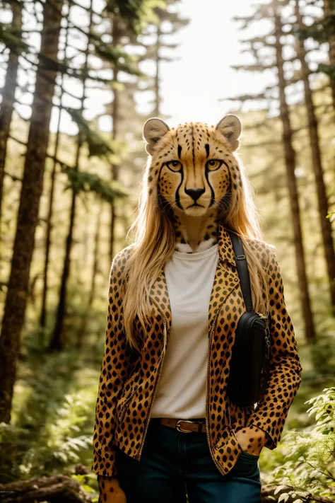 RAW photo, a portrait photo of (anthro cheetah woman), traveler clothes, standing in the forest, natural fur, 8k uhd, high quality, film grain, Fujifilm XT3