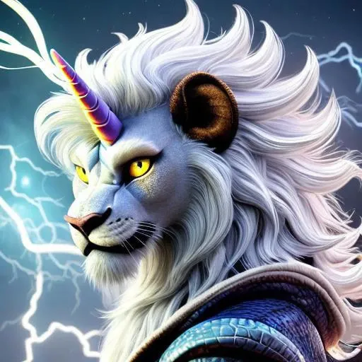 a monster crackling with electricity. It. resembles a unicorn, though a closer look reveals that it has a lion-like face and is covered in scales, rather than a coat. Its majestic white mane and hair stand on end, as if charged with static.