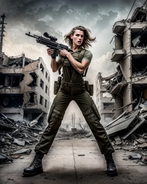 (( photo model)),(RAW Photo) , soldier woman wearing post-apocalyptic overall holding a machinegun in a destroyed town after a ((nuclear blast)), dynamic pose, dynamic camera